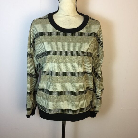 BCBGENERATION Sweater Sz M Woman Gold Silver Metallic Striped Long Ruched Sleeve - Picture 1 of 13